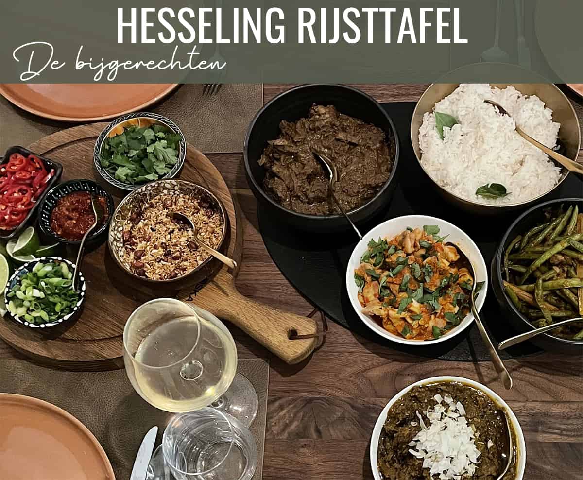 rijsttafel bijgerechten, sajoer bonen, nasi putih, smabal badjak, atjar 